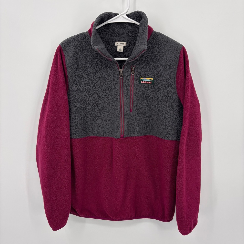 LL Bean Fleece Pullover Womens M Burgundy Gray Excellent Polartec Quarter Zip